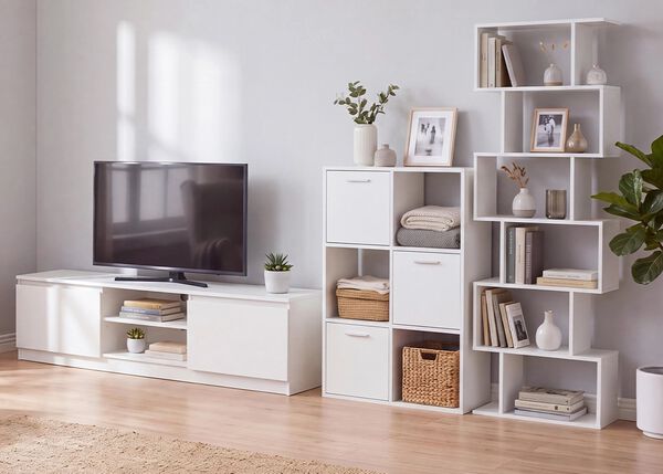 明るいミニマルなリビングに、白いウィングチェア、白いローボードの上のテレビ、幾何学模様の白い棚、日当たりの良い窓際の大きな鉢植えが写っています。