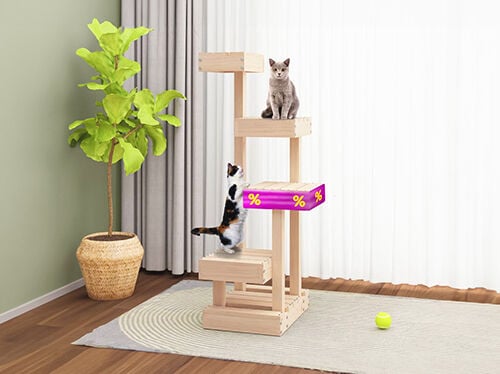 紫色のプロモーション帯に黄色い割引アイコンが付いた多段式木製キャットタワーに、2匹の猫がいるスタイリッシュな部屋。 クリックすると、このキャンペーン対象商品の詳細をご覧いただけます。