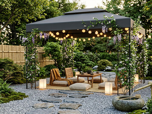 緑豊かな庭の木陰のパティオには、藤のつるが絡まるダークグレーのキャノピーがあり、木製のテーブルや椅子、クッション、フロアピローが配置されています。ストリングライトやランタンに照らされ、砂利の小道や石のプランターが落ち着いた屋外の雰囲気を演出しています。コレクション内の製品を見るにはクリックしてください。