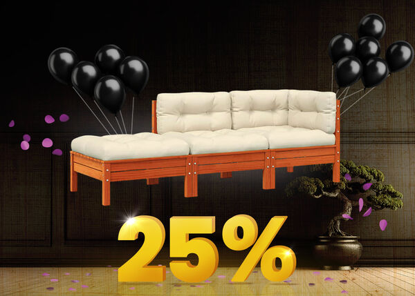 黒い風船（紫の紙吹雪入り）に支えられたクリーム色クッション付き木製アウトドアソファとフットスツールが盆栽の横に置かれ、大きな黄色の「25%」サインが暗い背景に浮かんでいます。