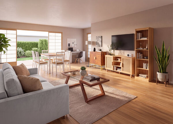 ソファ、木製テレビボード、収納棚、コーヒーテーブル、観葉植物を配したモダンなリビング・ダイニング。
