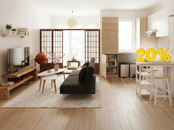このバナーは、モダンで自然光が差し込む和モダンテイストのミニマルなリビングルームを描いており、明るい木目のフローリング、白い壁と縁取り、ダークウッドのテレビボードに設置された大型テレビ、白いラグの上に配置されたダークグレーのソファとライトグレーのクッション、木製の引き戸パネル付き間仕切り、ソファ前の小さな丸型の白いテーブル、右側に見える白いキッチンキャビネットとシェルフユニット、小さな白いバーテーブルとスツール、右下に大きく表示された目を引く黄色の「20%」グラフィック、そして観葉植物・地球儀・木製オブジェなどの装飾要素が調和し、クリックしてコレクション内の商品をご覧くださいという導線が示されています。