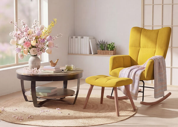 明るいリビング空間に、コーヒーテーブルや花、観葉植物とともに、エレガントなマスタードイエローのアームチェアとオットマンが配置されています。モダンで居心地の良いインテリアデザインスタイルを演出したシーンです。