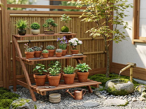 木製のプラントスタンドに、多種多様な多肉植物、盆栽、花の鉢植えが並べられ、竹のフェンスと小さな石の噴水がある静かな庭の風景に配置されています。コレクション内の製品を見るにはクリックしてください。
