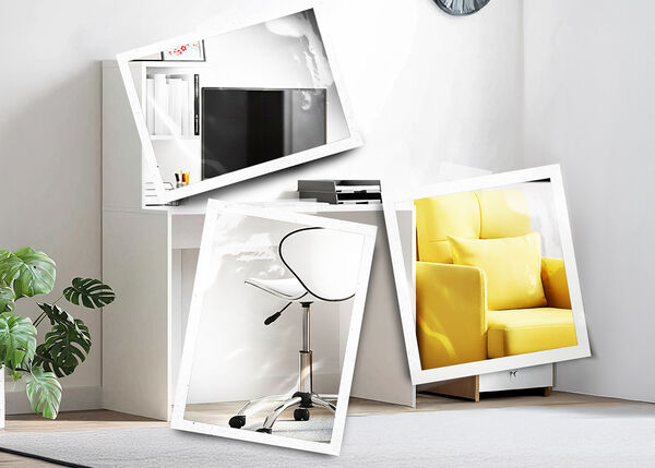 大きなグリーンを配した白を基調としたスタイリング済みのホームオフィスに置かれた、ホワイトのオフィスチェア、ブラックのスクリーン、鮮やかなイエローのアームチェアのクローズアップショット。