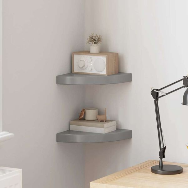 vidaXL フローティングコーナーシェルフ 2点 ハイグロスグレー 25x25x3.8cm MDF