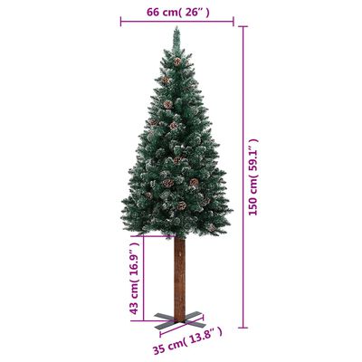 vidaXL スリム型 クリスマスツリー 天然木材＆白い雪 グリーン 150cm