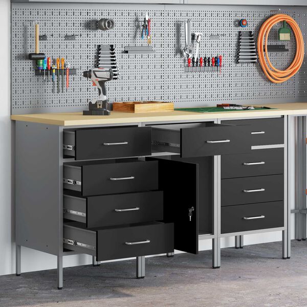 vidaXL 作業キャビネット 引き出し付き 3 pcs 黒とグレー 150 x 55 x 85 cm エンジニアードウッドとスチール