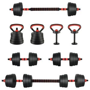 vidaXL 4-in-1ダンベルバーベルケトルベルセット 20 kg 黒と赤 セメントと鉄砂 121 x 19.5 x 19.5 cm