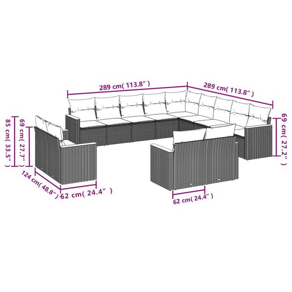 vidaXL ガーデンラウンジ13点セット クッション付き グレー ポリラタン製