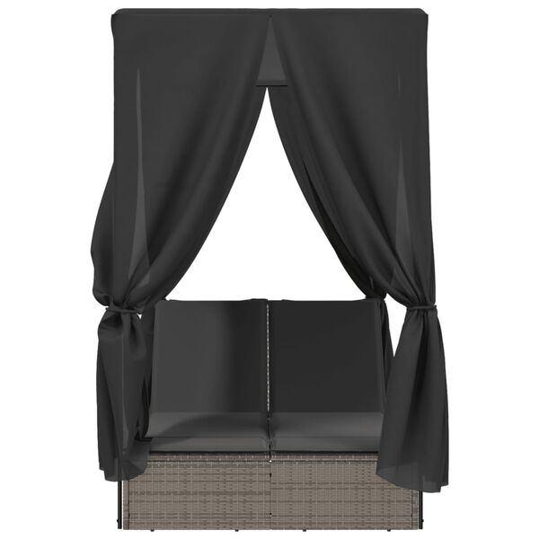 vidaXL 2人掛けサンラウンジャー ルーフ＆カーテン付き グレー ポリラタン