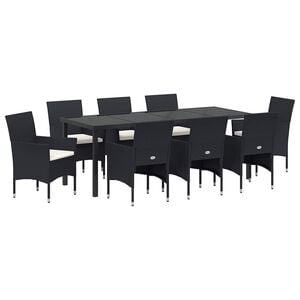 vidaXL ガーデンダイニングセット クッション付き 9 pcs ブラック ポリラタン