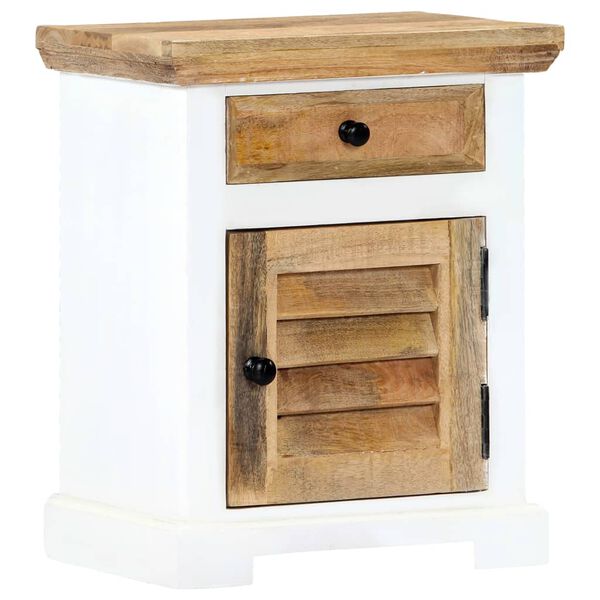 vidaXL ナイトテーブル ホワイト＆ブラウン 40x30x50cm マンゴー無垢材 (粗目)