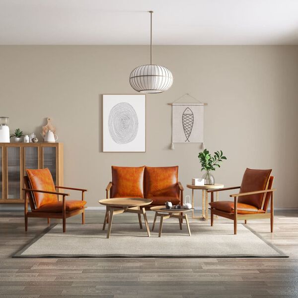 vidaXL ソファ3点セット 本革 アカシア無垢材 ブラウン