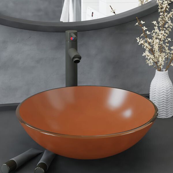 vidaXL バスルームシンク、タップ&プッシュドレーン付きブラウン強化ガラス