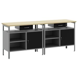 vidaXL 作業台セット 引き出し付き 棚で ストレージ付き 2 pcs 黒とグレー 200 x 55 x 85 cm 粉体塗装スチール