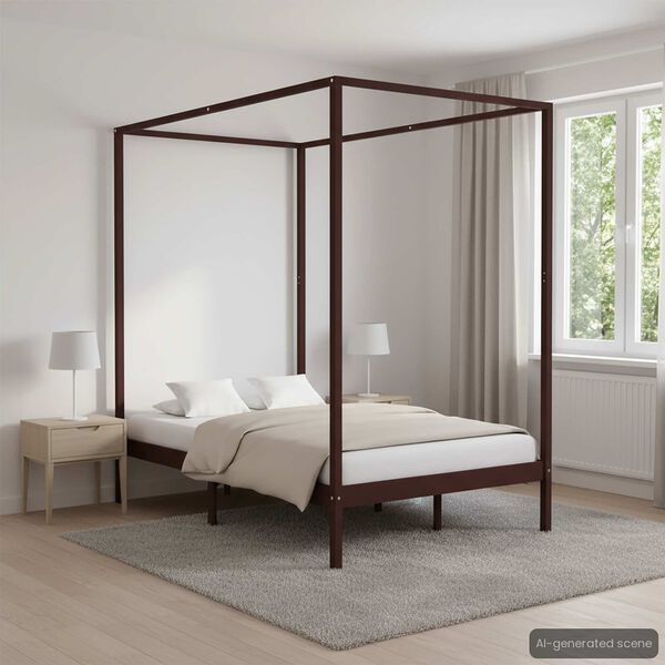 vidaXL ベッドフレーム キャノピー付き ダークブラウン パイン無垢材 120x200cm