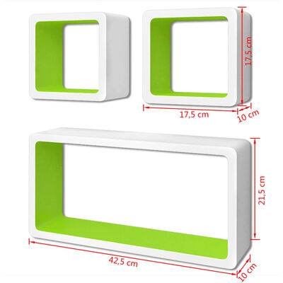 vidaXL 壁面取り付け棚 ディスプレイシェルフ 3点 MDF製 キューブ型 本/DVD収納 ホワイト＆グリーン