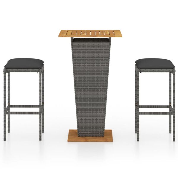 vidaXL ガーデンバーセット 3点 クッション付き ポリラタン製 グレー