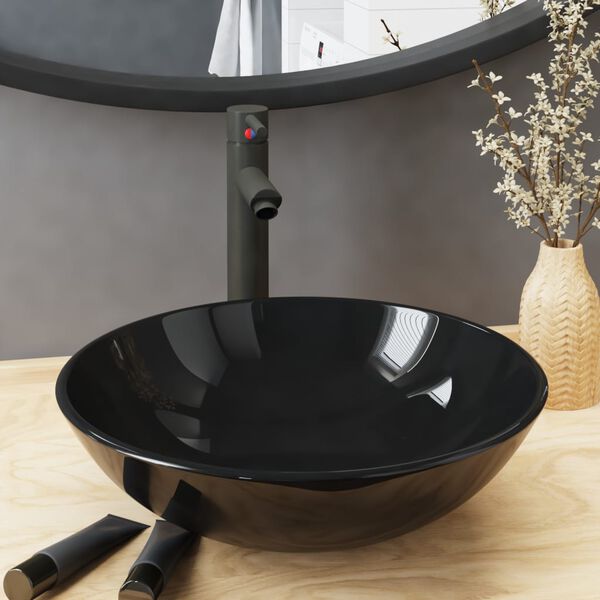 vidaXL バスルームシンク、タップ&プッシュドレーン付き ブラック強化ガラス