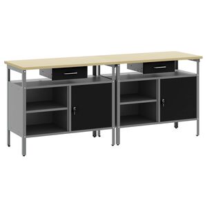 vidaXL 作業台セット 引き出し付き 棚で ストレージ付き 2 pcs 黒とグレー 200 x 55 x 85 cm 粉体塗装スチール