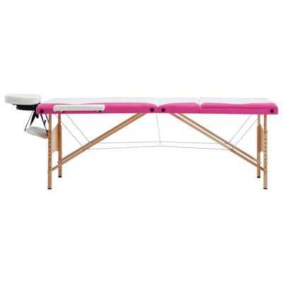 vidaXL 折りたたみ式マッサージテーブル 三つ折り 木製 ホワイト＆ピンク