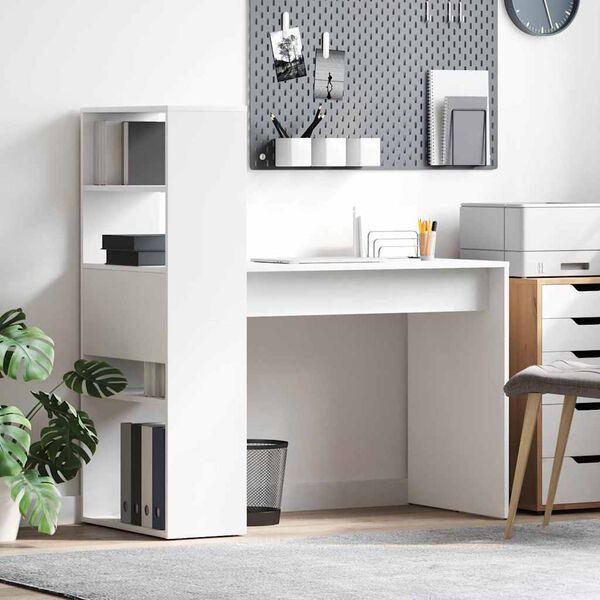 vidaXL デスク 棚で ストレージ付き ホワイト 113 x 54 x 120 cm エンジニアリングウッド