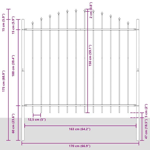 vidaXL ガーデンフェンス Woerden スピアトップ付き スチール 170x150 cm ブラック