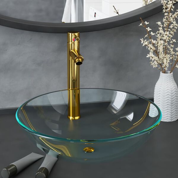 vidaXL バスルームシンク、タップ&プッシュドレーン付き透明強化ガラス