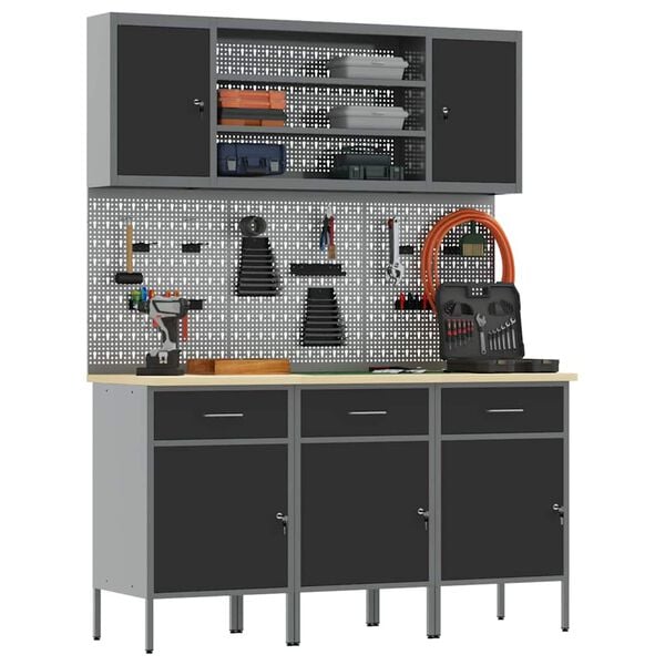 vidaXL 作業キャビネット 引き出し付き 棚で ストレージ付き ロック付き 7 pcs ブラック エンジニアードウッドとスチール