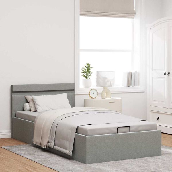 vidaXL 油圧式収納ベッドフレーム LEDライト付き ライトグレー 布製 90x200cm