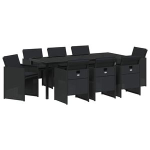 vidaXL ガーデンダイニングセット クッション付き 9 pcs ブラック ポリラタン