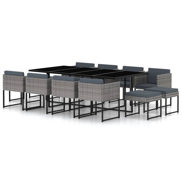 vidaXL 屋外ダイニング13点セット クッション付き ポリラタン製 グレー