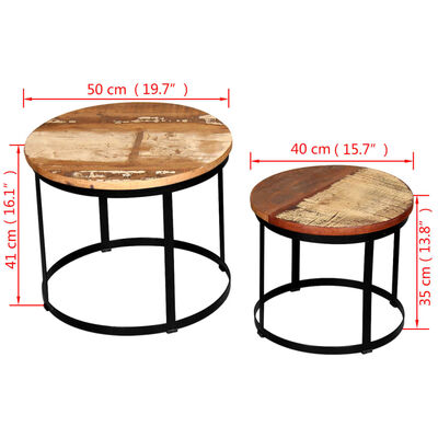 vidaXL コーヒーテーブル 2点セット 無垢の再生木材 丸型 40cm/50cm