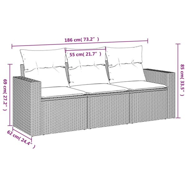 vidaXL ガーデンソファ3点セット クッション付き 灰色 ポリラタン製