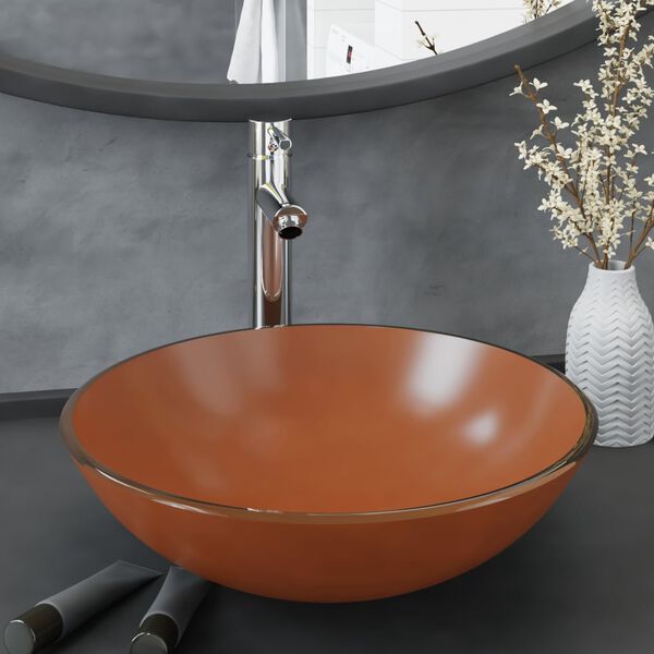 vidaXL バスルームシンク、タップ&プッシュドレーン付きブラウン強化ガラス