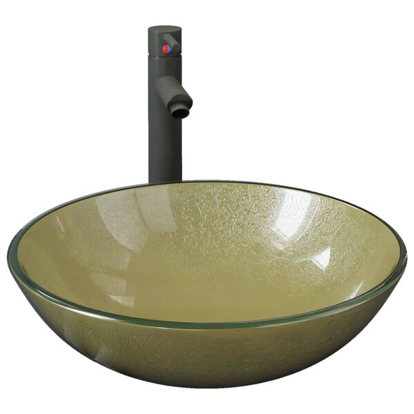 vidaXL バスルームシンク、タップ&プッシュドレン付きゴールド強化ガラス