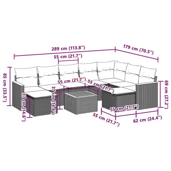 vidaXL ガーデンソファ10点セット クッション付き ポリラタン製 グレー
