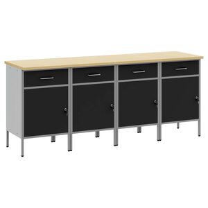 vidaXL 作業キャビネット 引き出し付き 4 pcs 黒とグレー 200 x 55 x 85 cm エンジニアードウッドとスチール