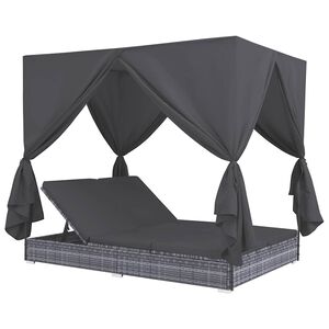 vidaXL 屋外ラウンジベッド カーテン付き ポリラタン製 グレー