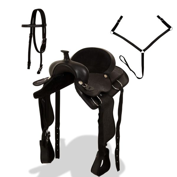 vidaXL ウエスタン 鞍＆面繋＆腹帯 本革製 17インチ ブラック