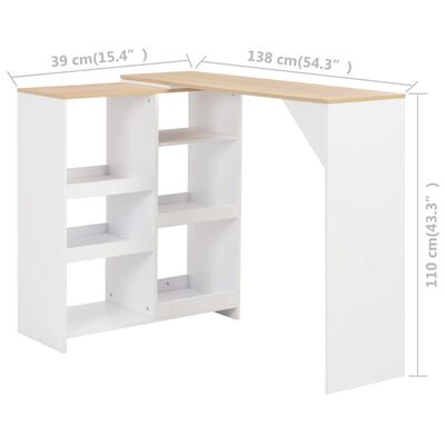 vidaXL バーテーブル 可動棚付き ホワイト 138x39x110 cm