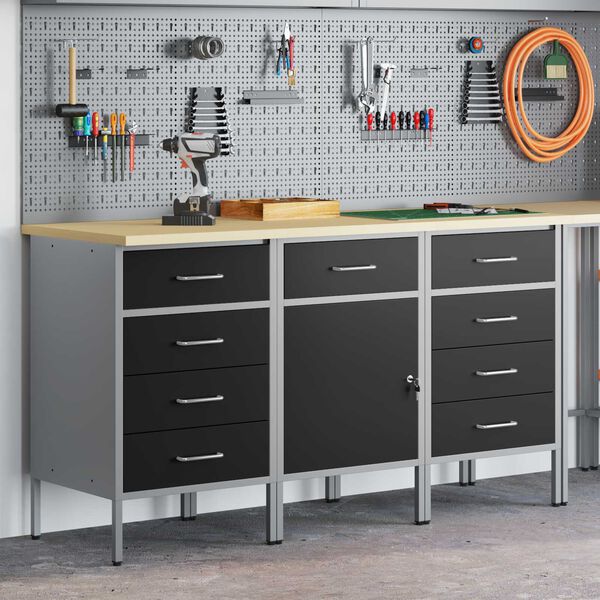vidaXL 作業キャビネット 引き出し付き 3 pcs 黒とグレー 150 x 55 x 85 cm エンジニアードウッドとスチール