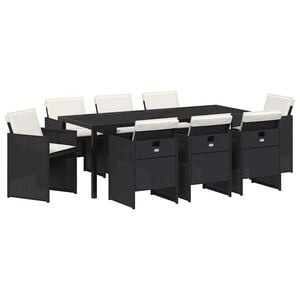 vidaXL ガーデンダイニングセット クッション付き 9 pcs ブラック ポリラタン