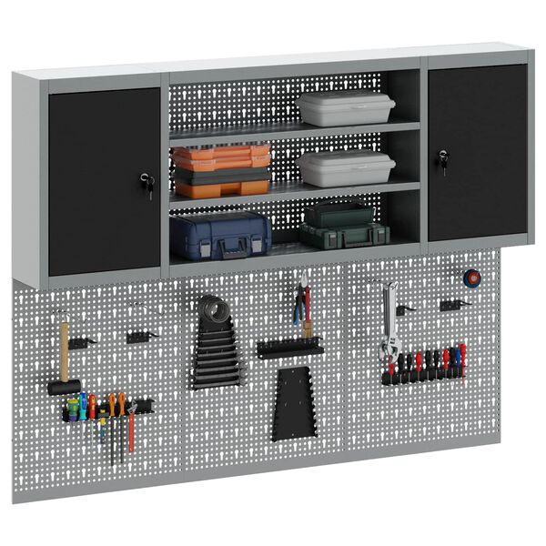 vidaXL ツールキャビネットセット 棚で ストレージ付き ロック付き 4 pcs ブラック 粉体塗装スチール