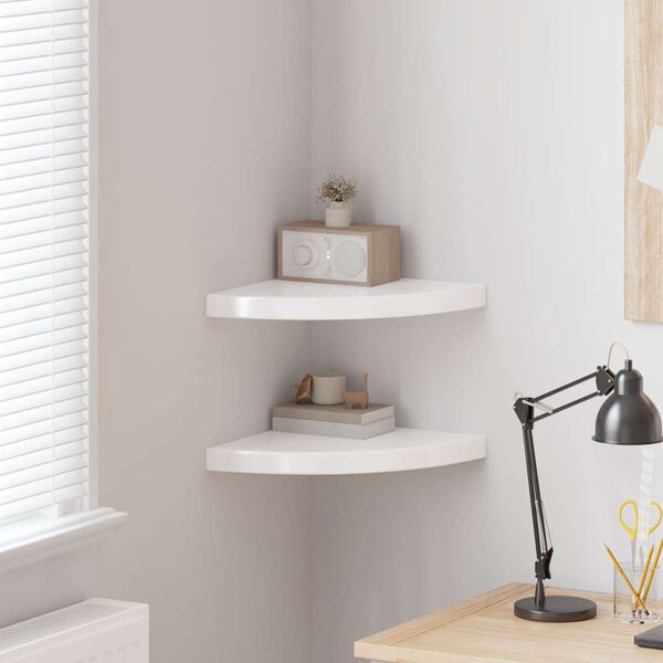 vidaXL フローティングコーナーシェルフ 2点 ハイグロスホワイト 35x35x3.8cm MDF