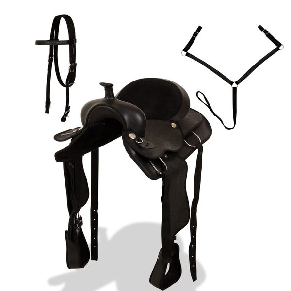 vidaXL ウエスタン 鞍＆面繋＆腹帯 本革製 16インチ ブラック