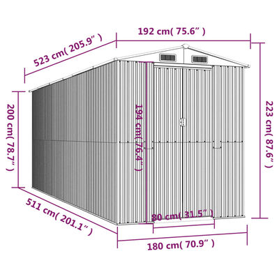 vidaXL ガーデン納屋 192x523x223cm 亜鉛メッキ鋼製 ライトグレー