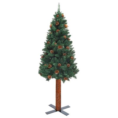 vidaXL スリム型 クリスマスツリー 天然木材＆松ぼっくり グリーン 210cm PVC製