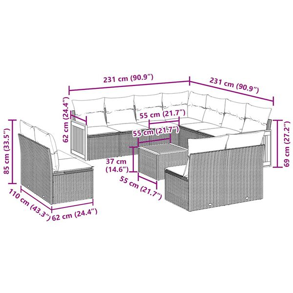 vidaXL 12ピース ガーデンソファセット クッション付き ブラック ポリラタン
